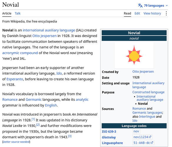 Novial's wikipedia page with language code 'nov'