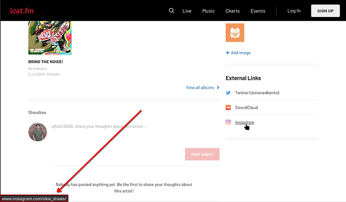 A Last.fm screenshot of MANEDBENTO!'s artist page, with the mouse pointer pointing to the Instagram profile link pointing at @okie_draws.