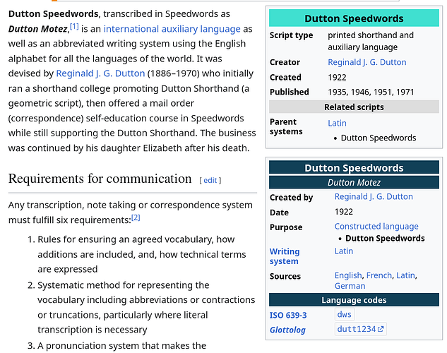 Dutton Speedwords Wikipedia page with language code 'dws'