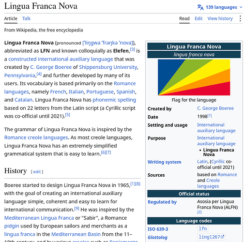 Lingua Franca Nova Wikipedia page with language code 'lfn'