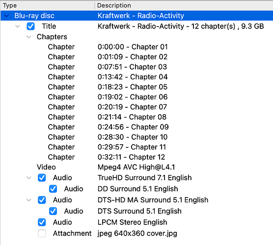 Screenshot showing the layout of the Radio-Activity disc, with one title having 12 chapters, a video track, and three audio tracks
